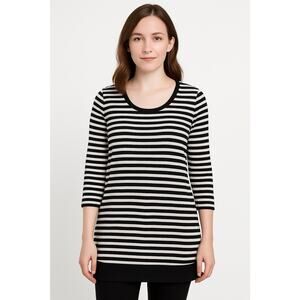 Calvin Klein Black White Striped Tunic Top Women’s Large 3/4 Sleeve Stretch